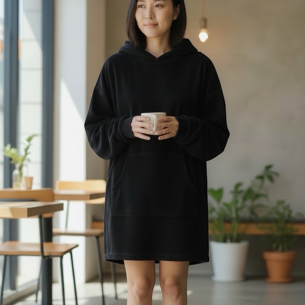 Cupcakes and Cashmere Black Velour Hooded Oversized Tunic Sweatshirt Size Large
